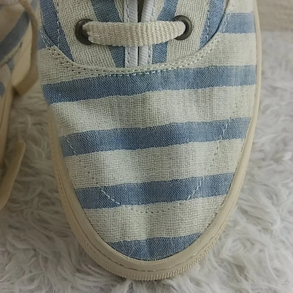 Soludos Blue Striped Fabric Upper Almond Toe Lace Up Low Top Platform Sneaker - Picture 13 of 15